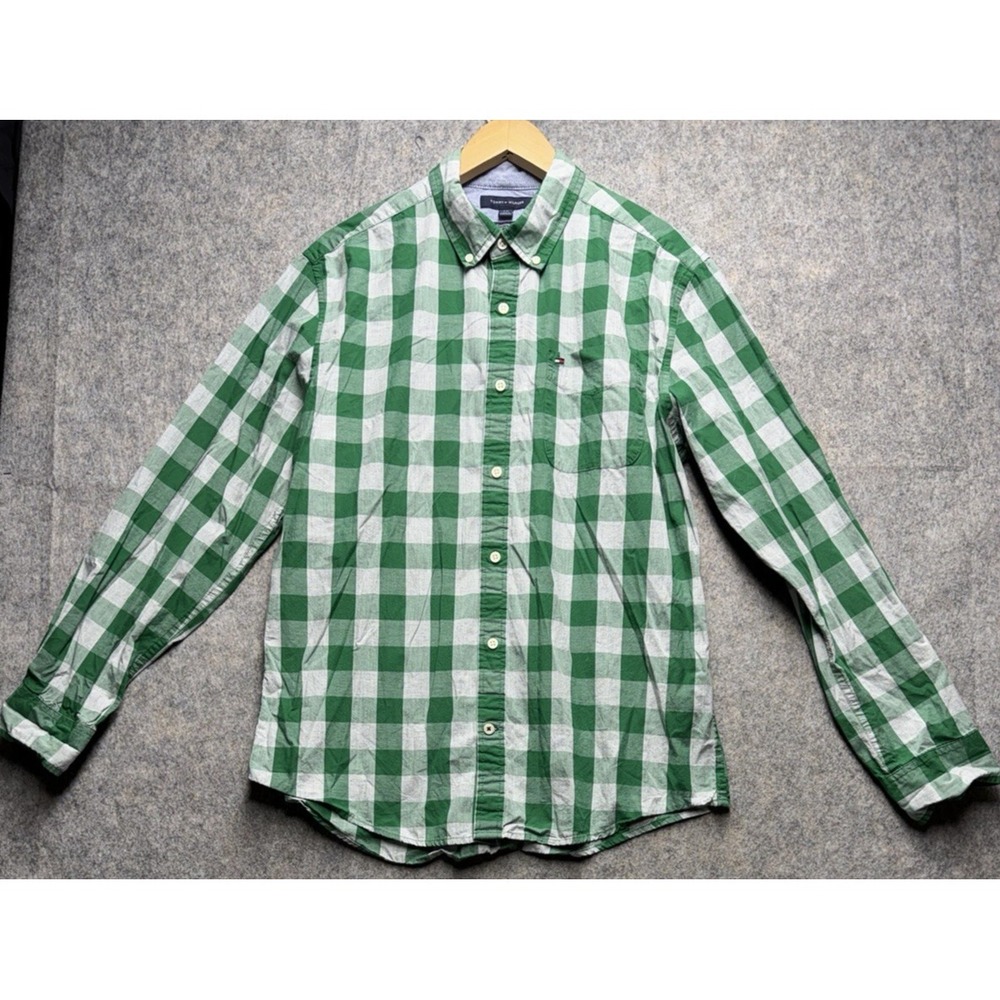 Tommy Hilfiger Men's L Button Down‎ Shirt Green White Plaid Men's Long Sleeve - Picture 13 of 13